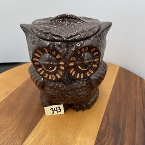Vintage Brown Owl  Sleepy Eyes Cookie‎ Jar Canister With Lid Double Sided Kitsch